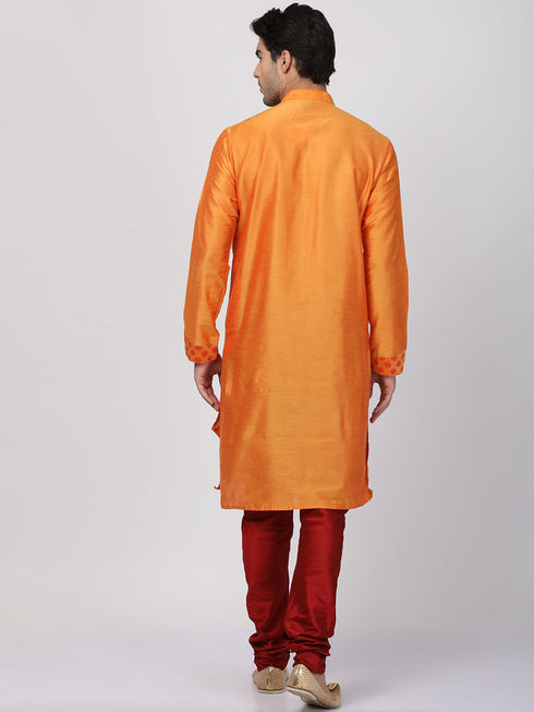 VASTRAMAY Men's Orange Cotton Silk Blend Kurta and Churidar Set