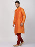 VASTRAMAY Men's Orange Cotton Silk Blend Kurta and Churidar Set