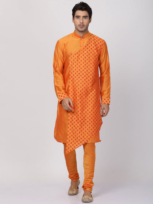 Vastramay Men's Orange Cotton Silk Blend Kurta