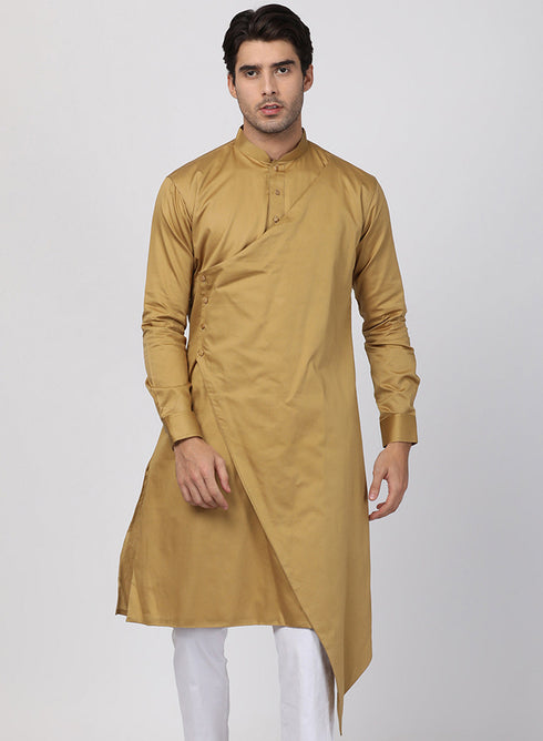 Vastramay Men's Beige Cotton Silk Blend Kurta