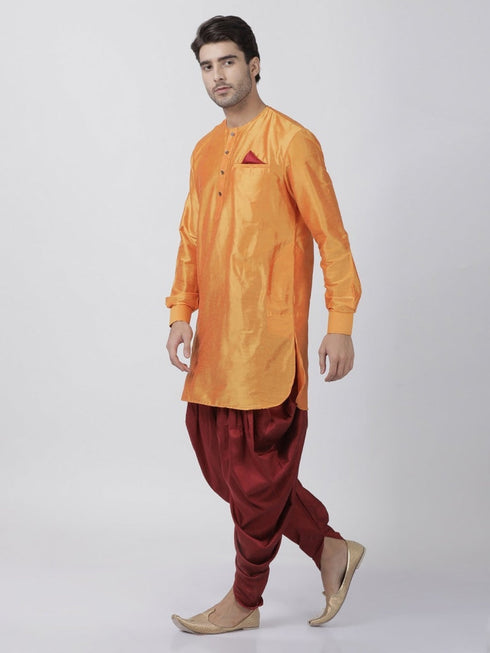 VASTRAMAY Men's Orange Cotton Blend Kurta and Dhoti Pant Set