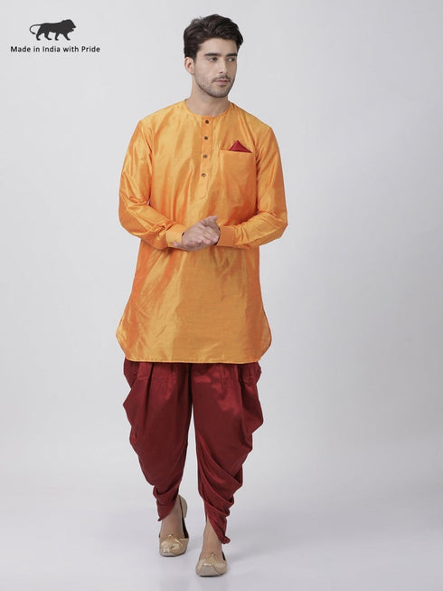 VASTRAMAY Men's Orange Cotton Blend Kurta and Dhoti Pant Set