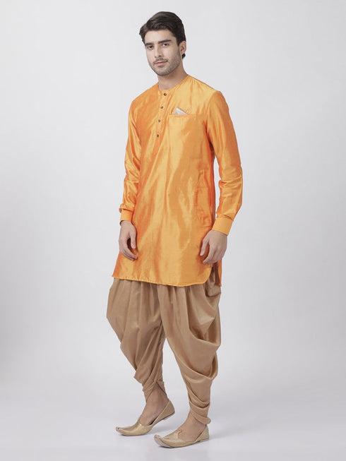 VASTRAMAY Men's Orange Cotton Blend Kurta and Dhoti Pant Set