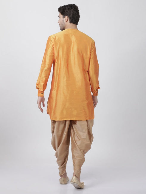VASTRAMAY Men's Orange Cotton Blend Kurta and Dhoti Pant Set
