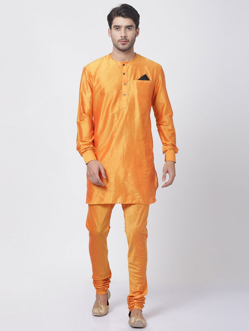 VASTRAMAY Men's Orange Cotton Blend Kurta and Churidar Set