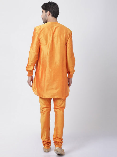 VASTRAMAY Men's Orange Cotton Blend Kurta and Churidar Set