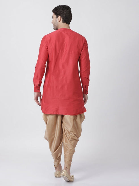 Vastramay Men's Red Cotton Blend Kurta and Dhoti Pant Set