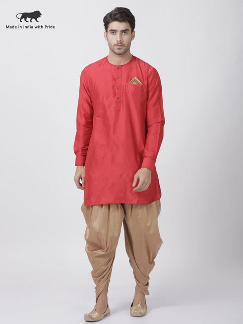 Vastramay Men's Red Cotton Blend Kurta and Dhoti Pant Set