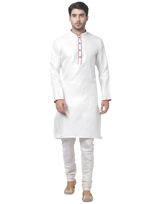 Vastramay Men's White Cotton Silk Blend Kurta and Churidar Set