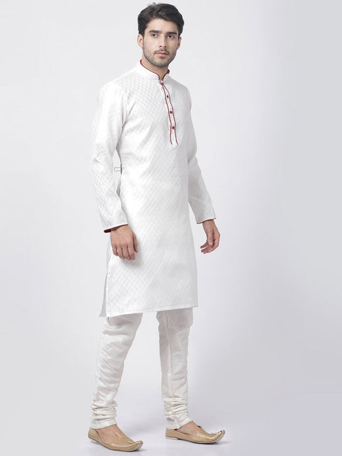 Vastramay Men's White Cotton Silk Blend Kurta and Churidar Set