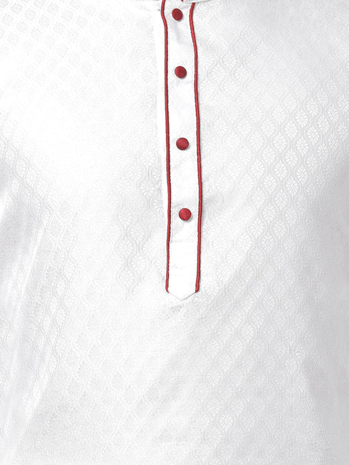 Vastramay Men's White Cotton Silk Blend Kurta and Churidar Set