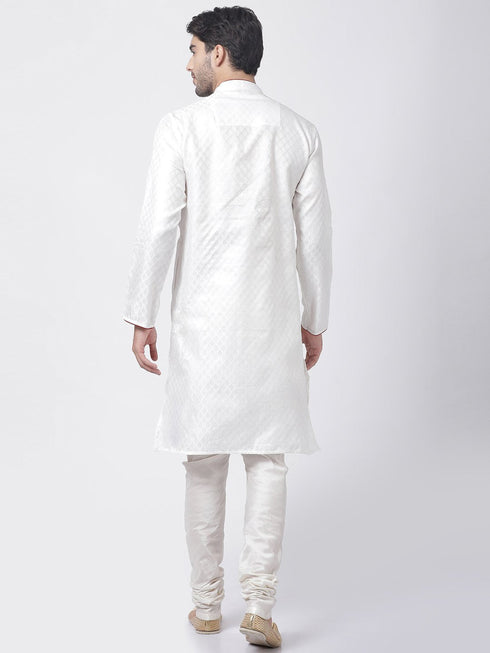 Vastramay Men's White Cotton Silk Blend Kurta and Churidar Set