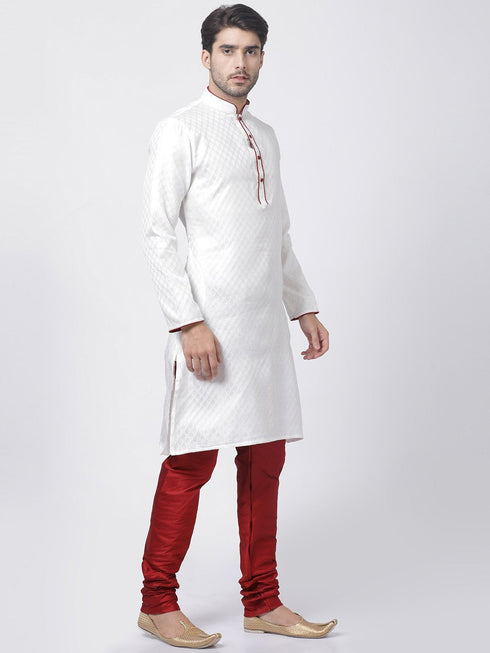 Vastramay Men's White Cotton Silk Blend Kurta and Churidar Set