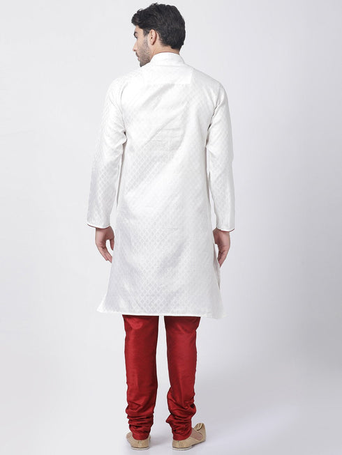 Vastramay Men's White Cotton Silk Blend Kurta and Churidar Set