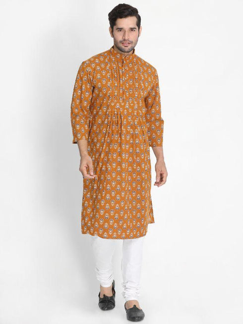 Vastramay Men's Yellow Cotton Blend Kurta and Churidar Set