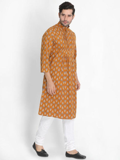Vastramay Men's Yellow Cotton Blend Kurta and Churidar Set