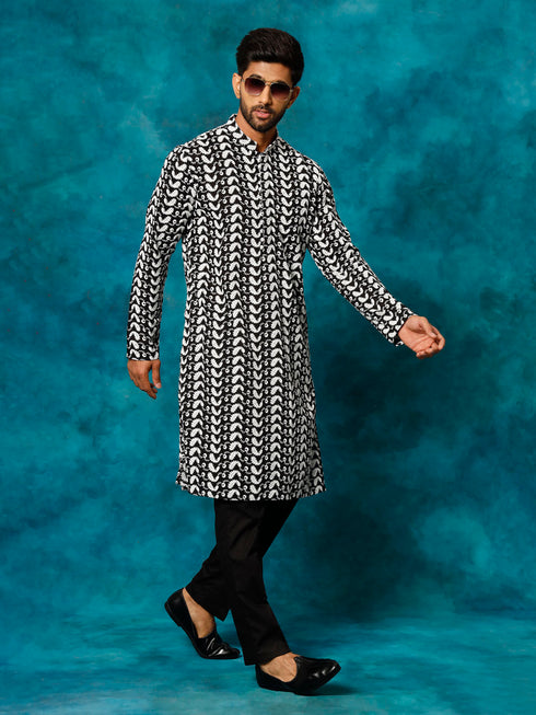 Vastramay Men's Black Pure Cotton Chikankari Kurta Pyjama Set