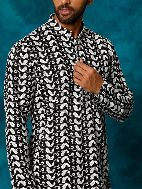 Vastramay Men's Black Pure Cotton Chikankari Kurta Pyjama Set