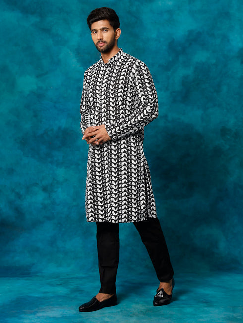 Vastramay Men's Black Pure Cotton Chikankari Kurta Pyjama Set