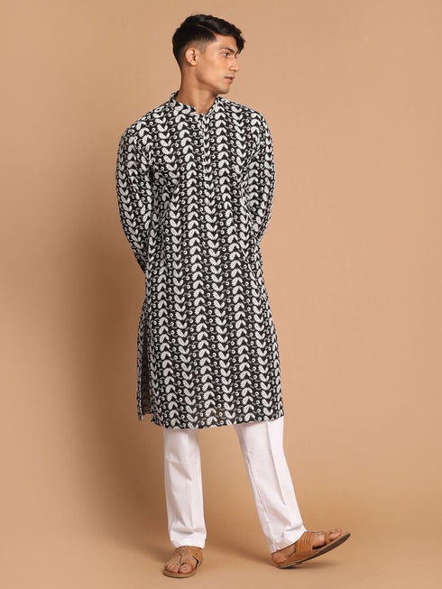 Vastramay Men's Black Pure Cotton Chikankari Kurta With Pant Set