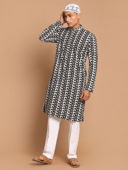 Vastramay Men's Black Pure Cotton Chikankari Kurta Pant With Prayer Cap
