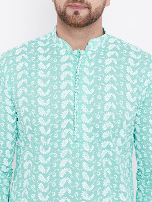 Vastramay Men's Green Pure Cotton Chikankari Kurta