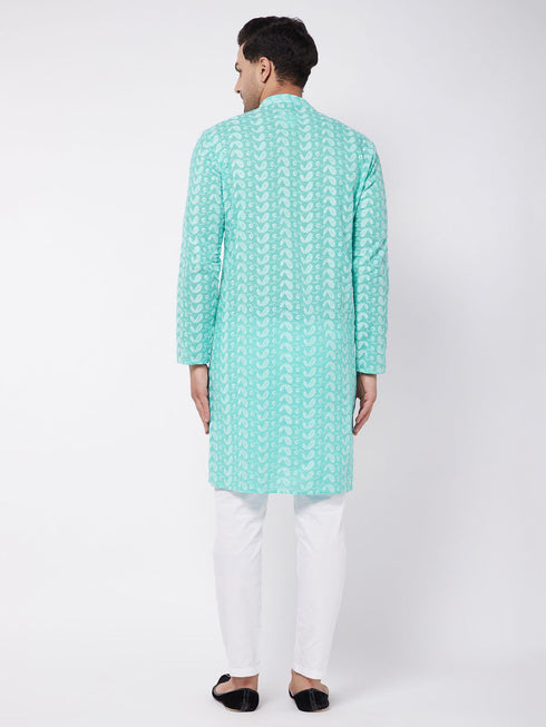 Vastramay Men's Green Pure Cotton Chikankari Kurta With Pant Set