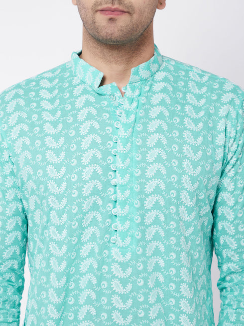 Vastramay Men's Green Pure Cotton Chikankari Kurta With Pant Set