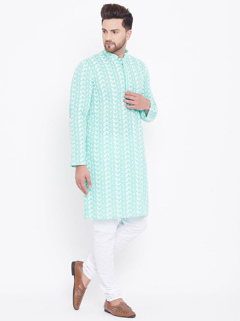 Vastramay Men's Green Pure Cotton Chikankari Kurta Pyjama Set