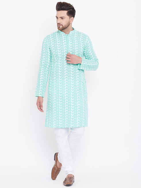Vastramay Men's Green Pure Cotton Chikankari Kurta Pyjama Set