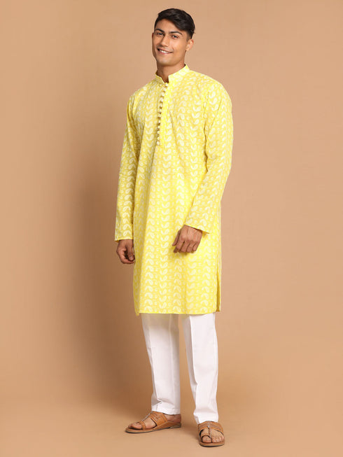 Vastramay Men's Mustard Pure Cotton Chikankari Kurta With Pant set