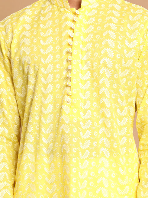 Vastramay Men's Mustard Pure Cotton Chikankari Kurta With Pant set
