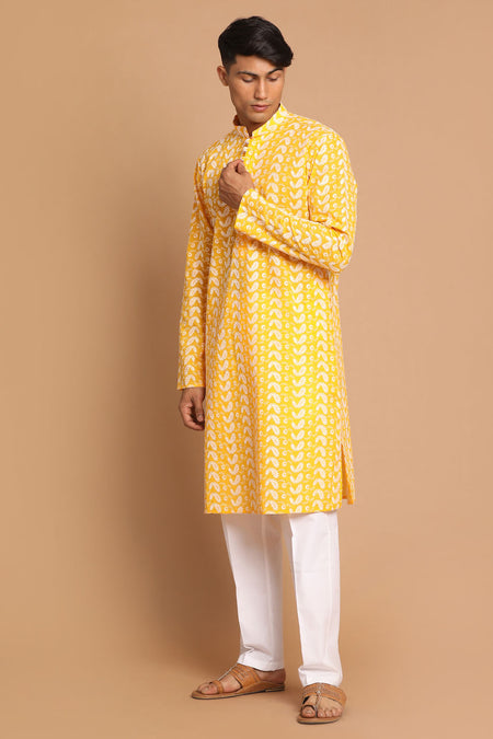 VASTRAMAY Men's Orange Pure Cotton Chikankari Kurta Pant With Prayer Cap