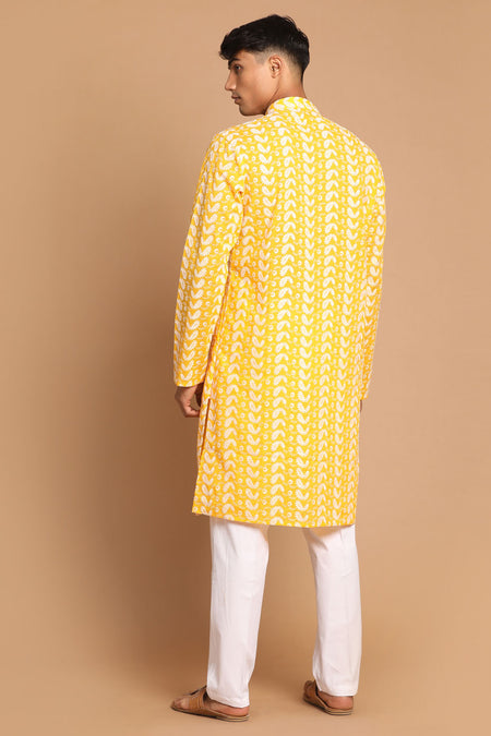 VASTRAMAY Men's Orange Pure Cotton Chikankari Kurta Pant With Prayer Cap