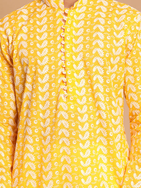 Vastramay Men's Orange Pure Cotton Chikankari Kurta Pant With Prayer Cap