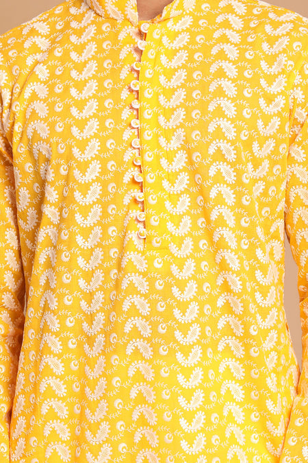VASTRAMAY Men's Orange Pure Cotton Chikankari Kurta Pant With Prayer Cap