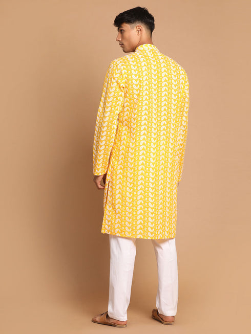 Vastramay Men's Orange Pure Cotton Chikankari Kurta Pant With Prayer Cap