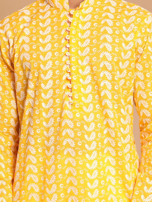 Vastramay Men's Orange Pure Cotton Chikankari Kurta Pant With Prayer Cap