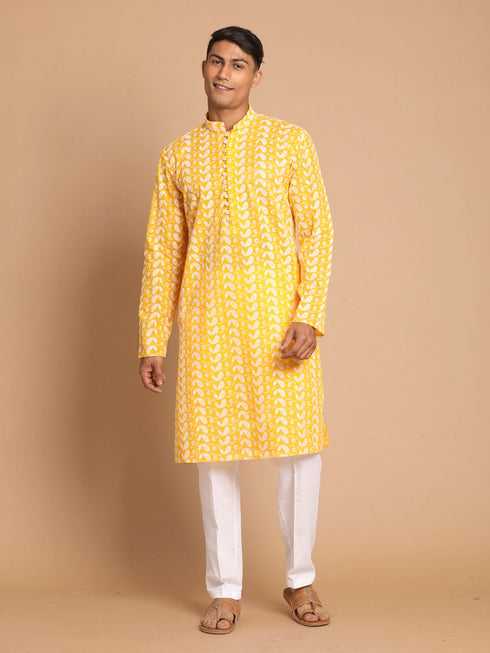Vastramay Men's Orange Pure Cotton Chikankari Kurta With Pant set