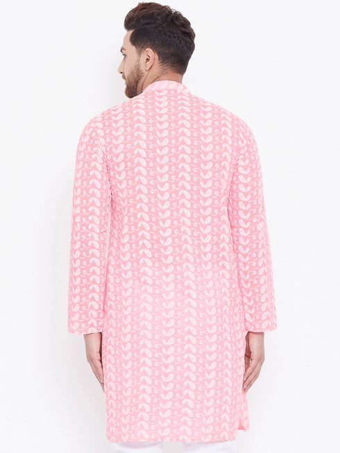 Vastramay Men's Pink Pure Cotton Chikankari Kurta
