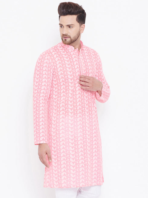 Vastramay Men's Pink Pure Cotton Chikankari Kurta