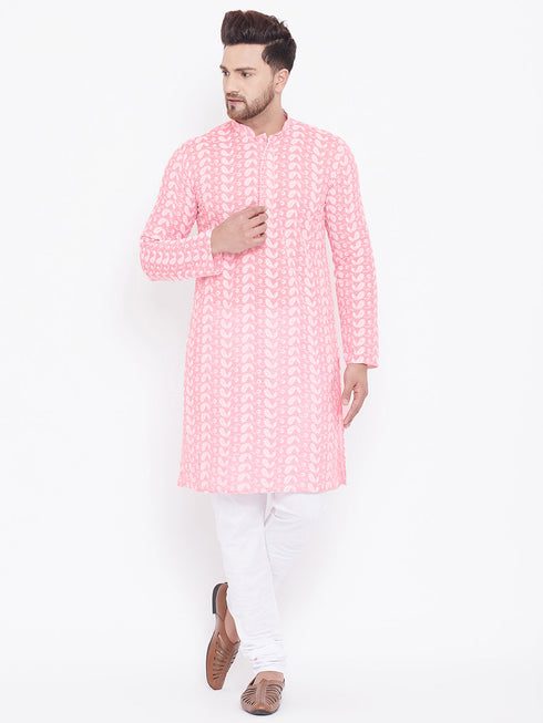 Vastramay Men's Pink Pure Cotton Chikankari Kurta