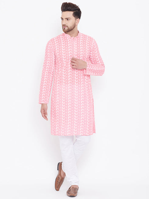 Vastramay Men's Pink Pure Cotton Chikankari Kurta Pyjama Set
