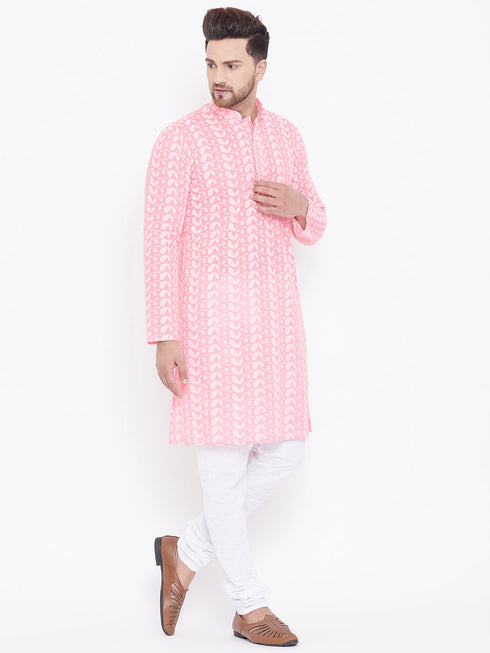 Vastramay Men's Pink Pure Cotton Chikankari Kurta Pyjama Set