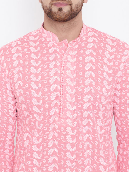 Vastramay Men's Pink Pure Cotton Chikankari Kurta Pyjama Set