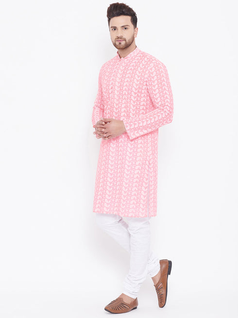Vastramay Men's Pink Pure Cotton Chikankari Kurta Pyjama Set