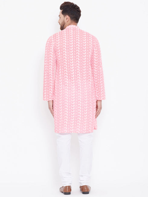 Vastramay Men's Pink Pure Cotton Chikankari Kurta Pyjama Set