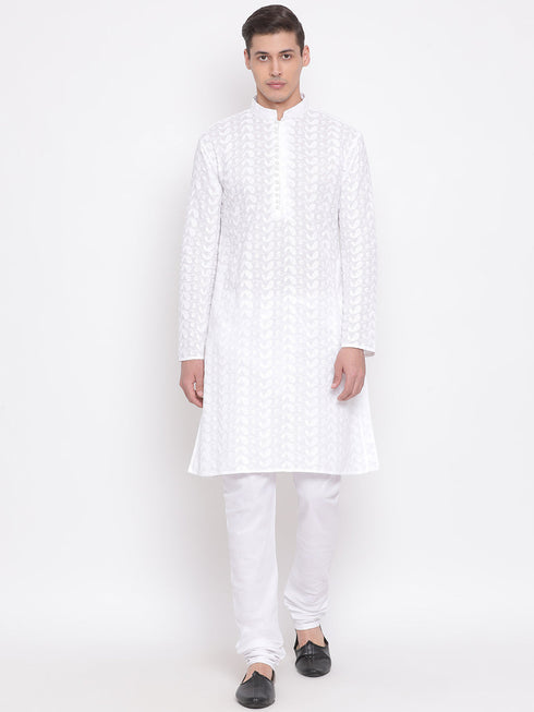 Vastramay White Pure Cotton Chikankari Kurta Pyjama Baap Beta Set