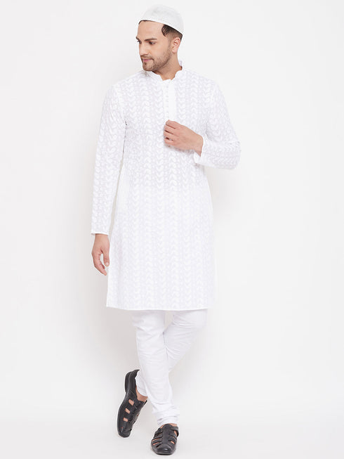 Vastramay Men's White Pure Cotton Chikankari Kurta Pant With Prayer Cap