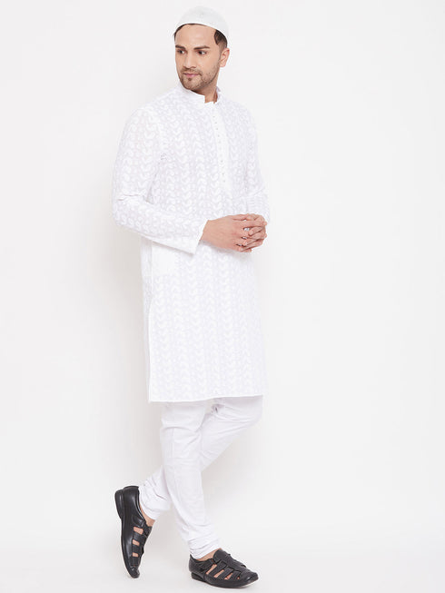 Vastramay Men's White Pure Cotton Chikankari Kurta Pant With Prayer Cap